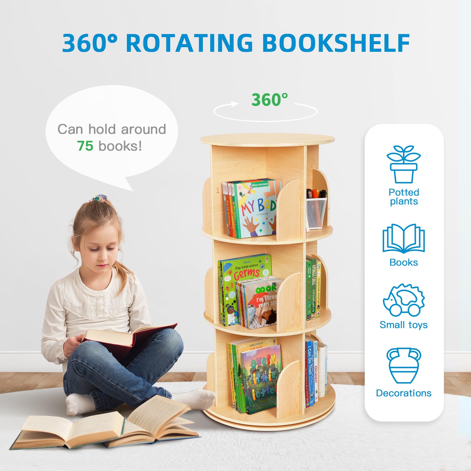 OOOK Kids Rotating Bookshelf Tower, Small Corner Bookshelf for Small Space, 360 Display 3 Tier Floor Standing Montessori Bookshelf Storage Rack, Large Chassis Spinning Bookshelf for Kids Room, Nursery