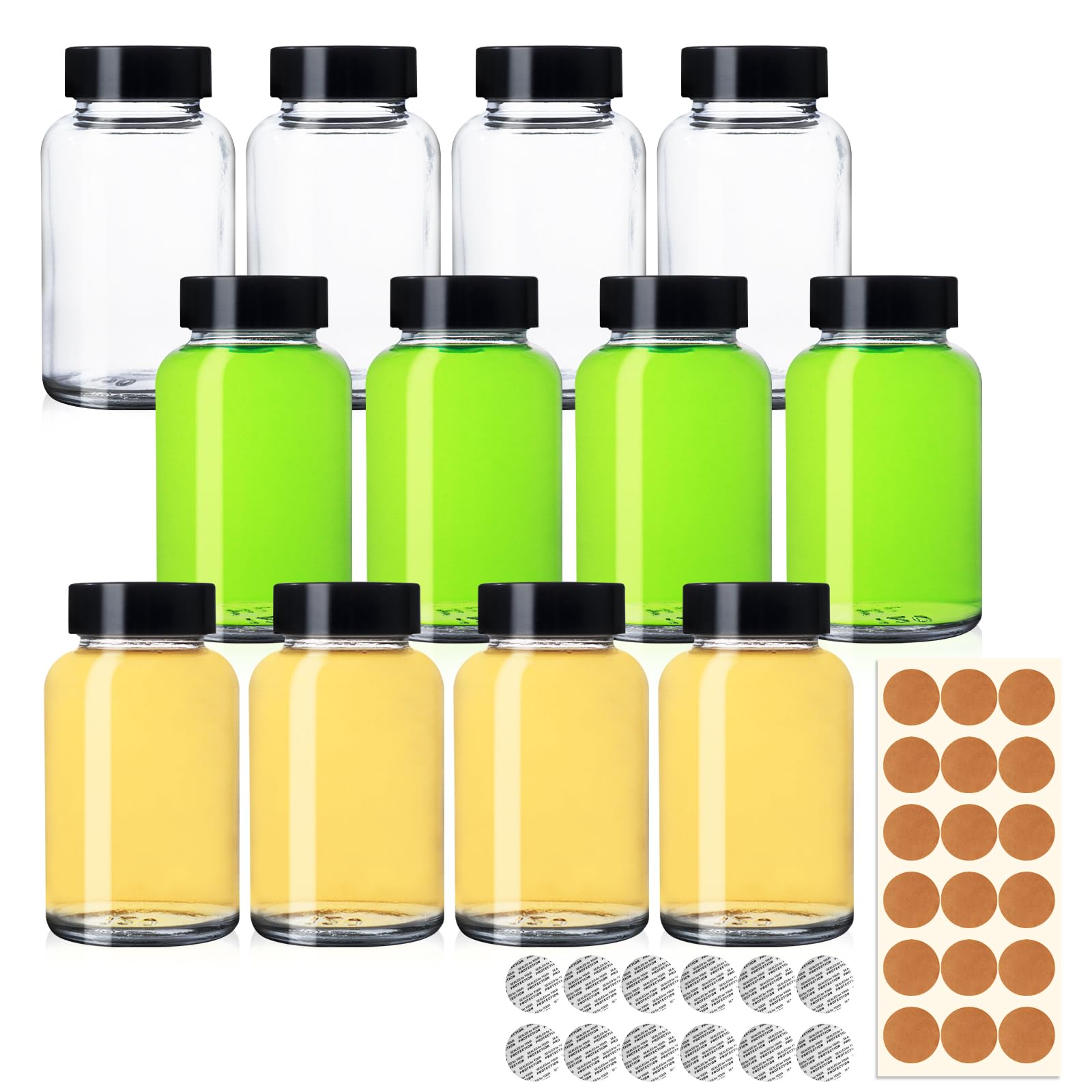 NAWORLI 4 OZ Glass Shot Bottles with Caps, 12 Pack 120 ML Empty Juicing Bottles with Screw Lids and Labels, Reusable Airtight Glass Jars for Juice, Ginger Shots, Wellness Shots