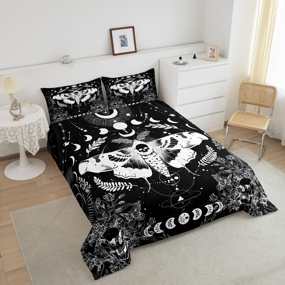 Feelyou Kids Death Moth Comforter Set Twin Size, Skull Decor Bedding Set Boys Girls Boho Moth Comforter Gothic Teens Duvet Set Bedroom Decor Bed Set 2Pcs