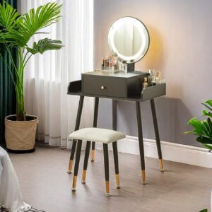 janflyhome vanity desk, makeup vanity desk with mirror and lights, 3 color and brightness adjustable, vanity table with power outlet & cushioned stool, small vanity for girls bedroom, black