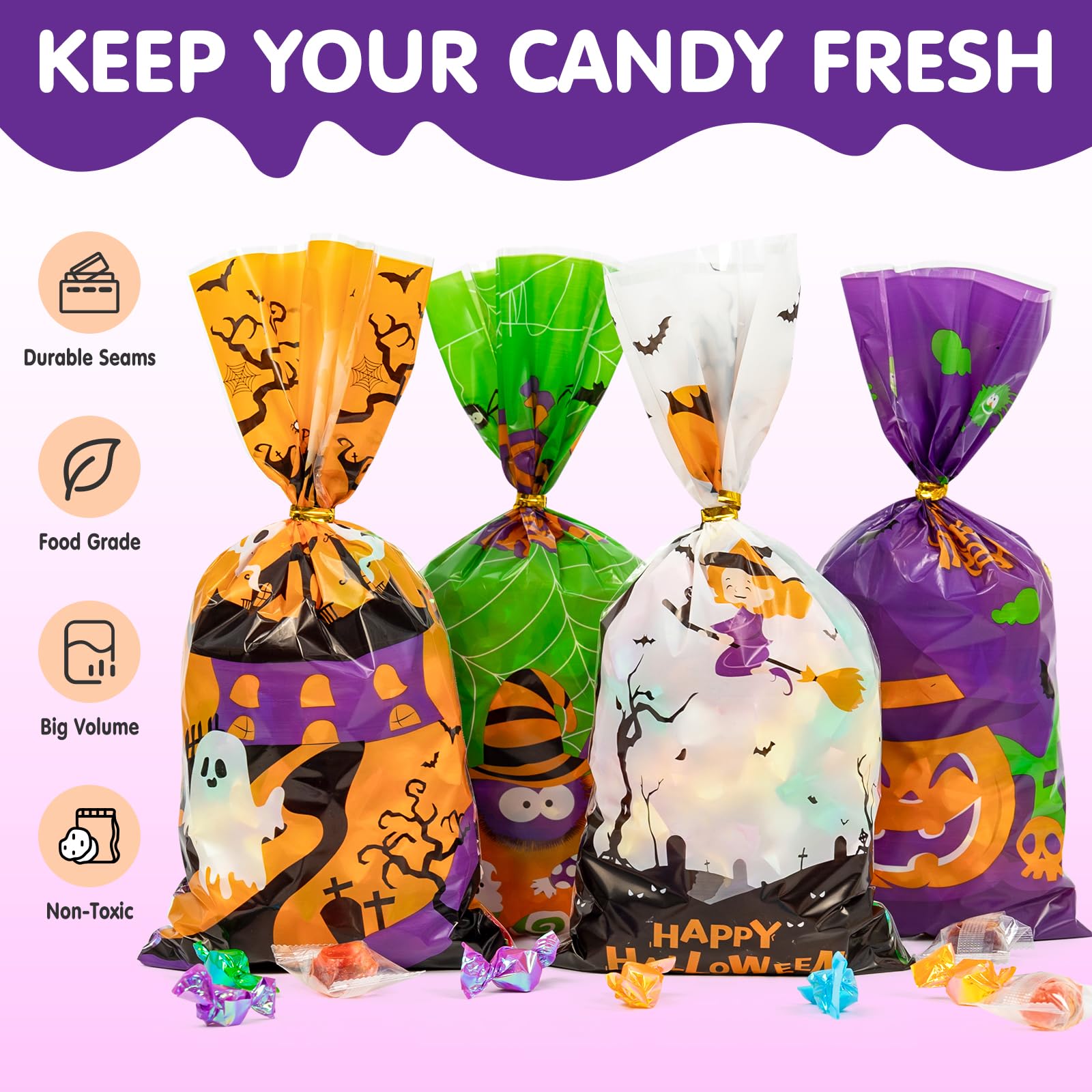 Normacaw 150Pcs Halloween Treat Bags, Halloween Goodie Bags, Halloween Candy Bags, Halloween Party Supplies for Treat or Trick