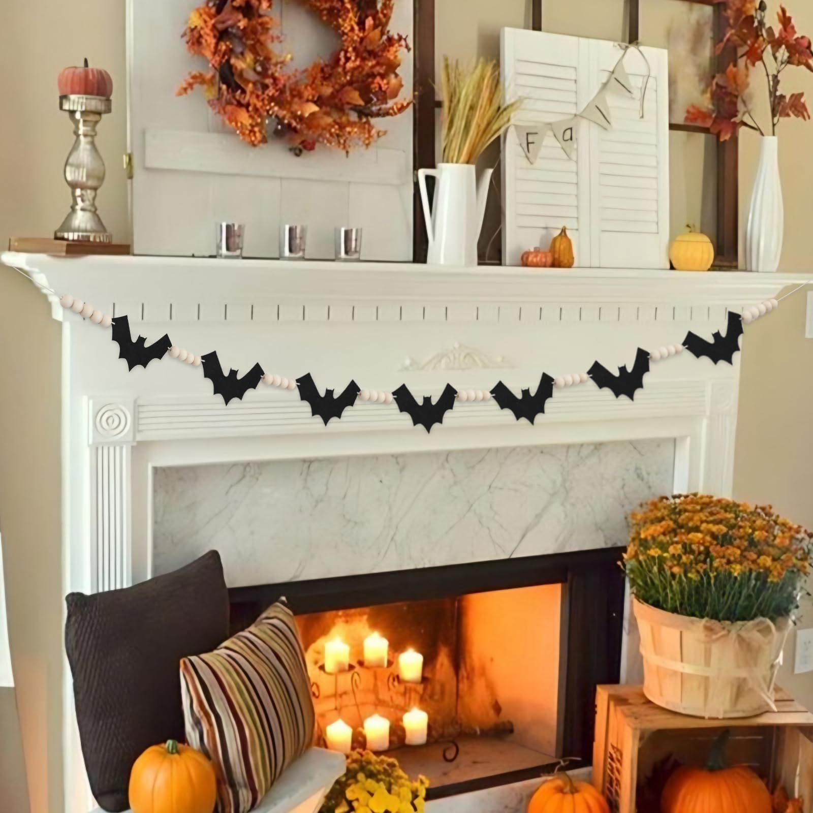 Halloween Decorations Garland, Felt Bats Halloween Decor Banner with Wood Beads for Fireplace Mantel Walls Home Indoor