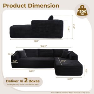 POUUIN 104" L-Shape Modular Sectional Sofa Couch - Comfy Upholstered Cloud Couch for Living Room - Modern Minimalist Couch,Deep Seat,No Assembly Required (Black,Plush Corduroy, Right Facing Chaise)