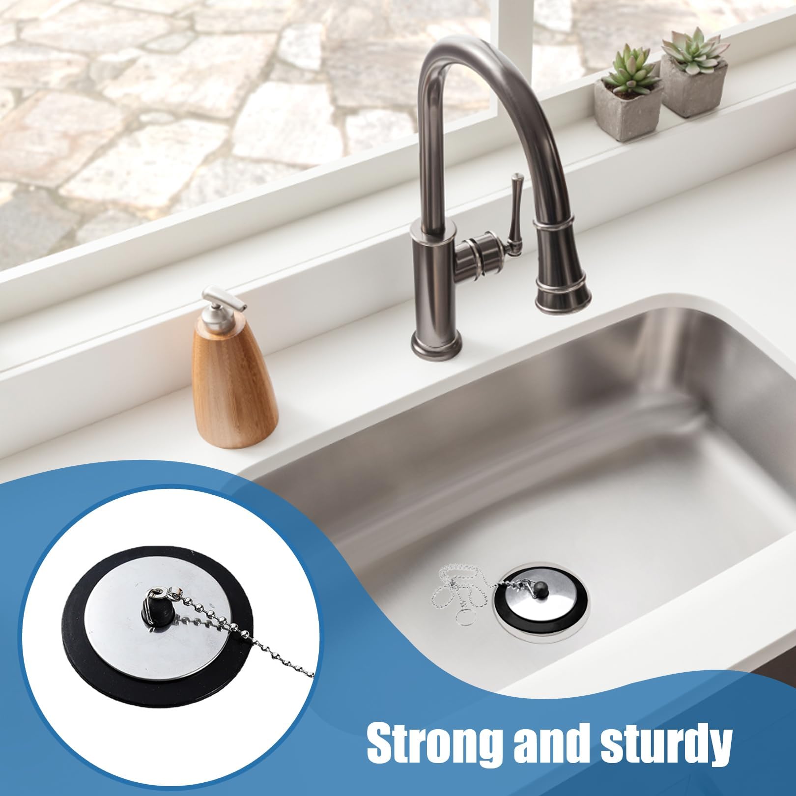 Kilyowa 2 PCS Rubber Sink Stopper Drain Cover, 43mm Universal Tub Stopper with Long Metal Ball Chain and Hanging Loop, Bathroom Kitchen Drain Stopper, Black