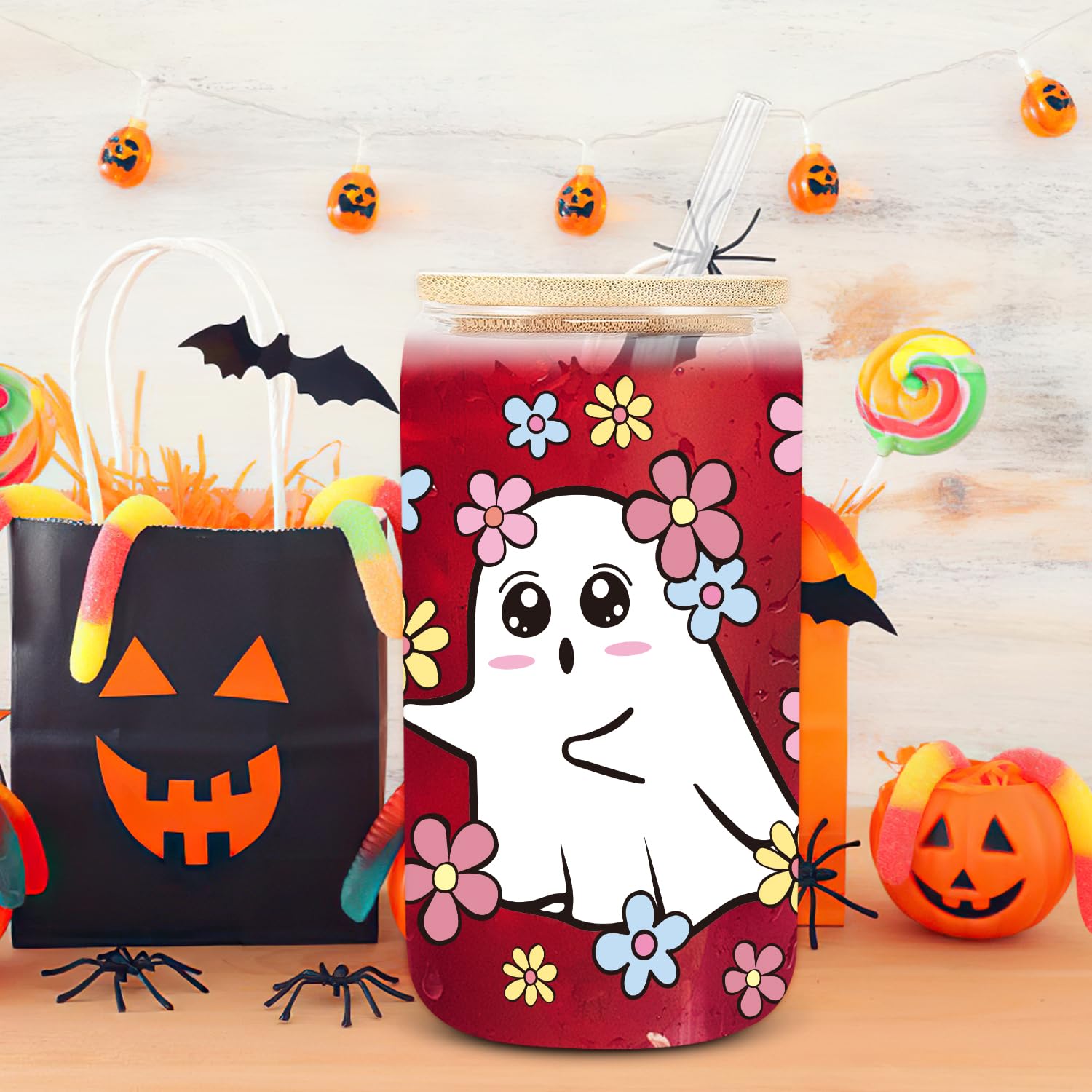 UAREHIBY Halloween Gifts for Women with Floral Ghost Mug,18 OZ Cute Halloween Spooky Glass Cups with Lids and Straws,Funny Halloween Coffee Tumbler Ghost Mug,Halloween Decorations