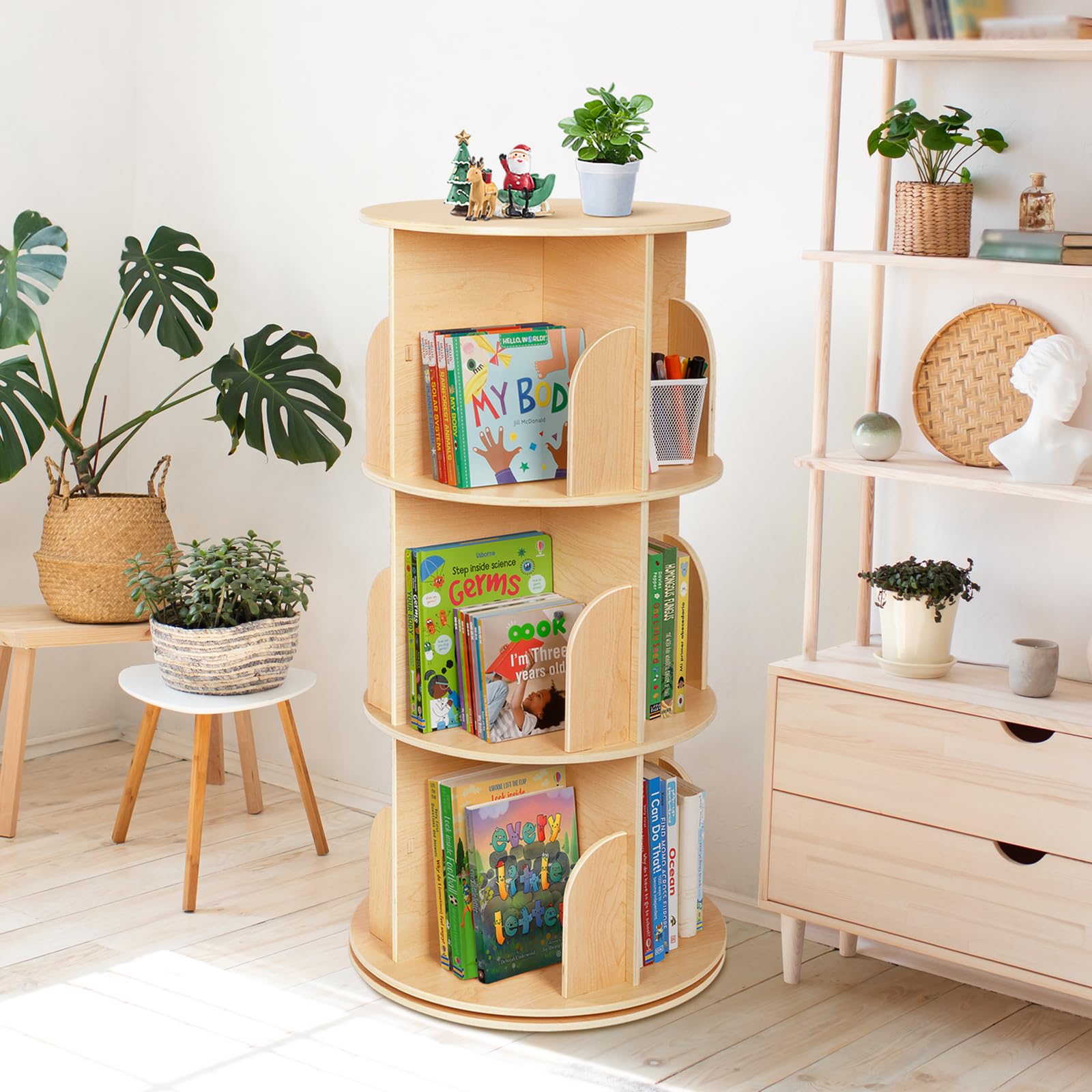 OOOK Kids Rotating Bookshelf Tower, Small Corner Bookshelf for Small Space, 360 Display 3 Tier Floor Standing Montessori Bookshelf Storage Rack, Large Chassis Spinning Bookshelf for Kids Room, Nursery