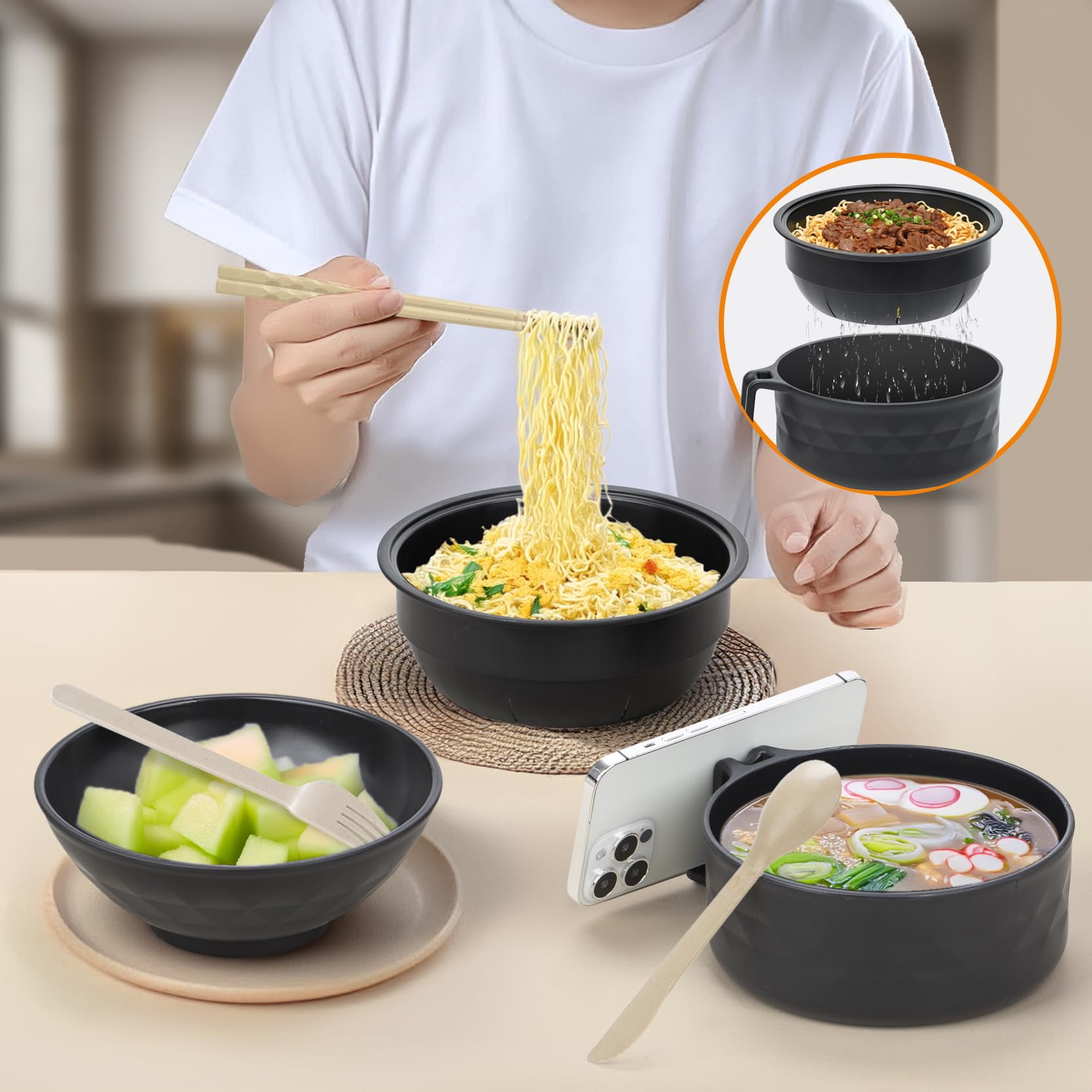 MUUBOOX Ramen Cooker,32oz Ramen Bowl Set,Microwave Ramen Bowl, Microwave Bowl with Lid, Portable Noodle Bowls,for Home Office Dorm Room College gift (Black)