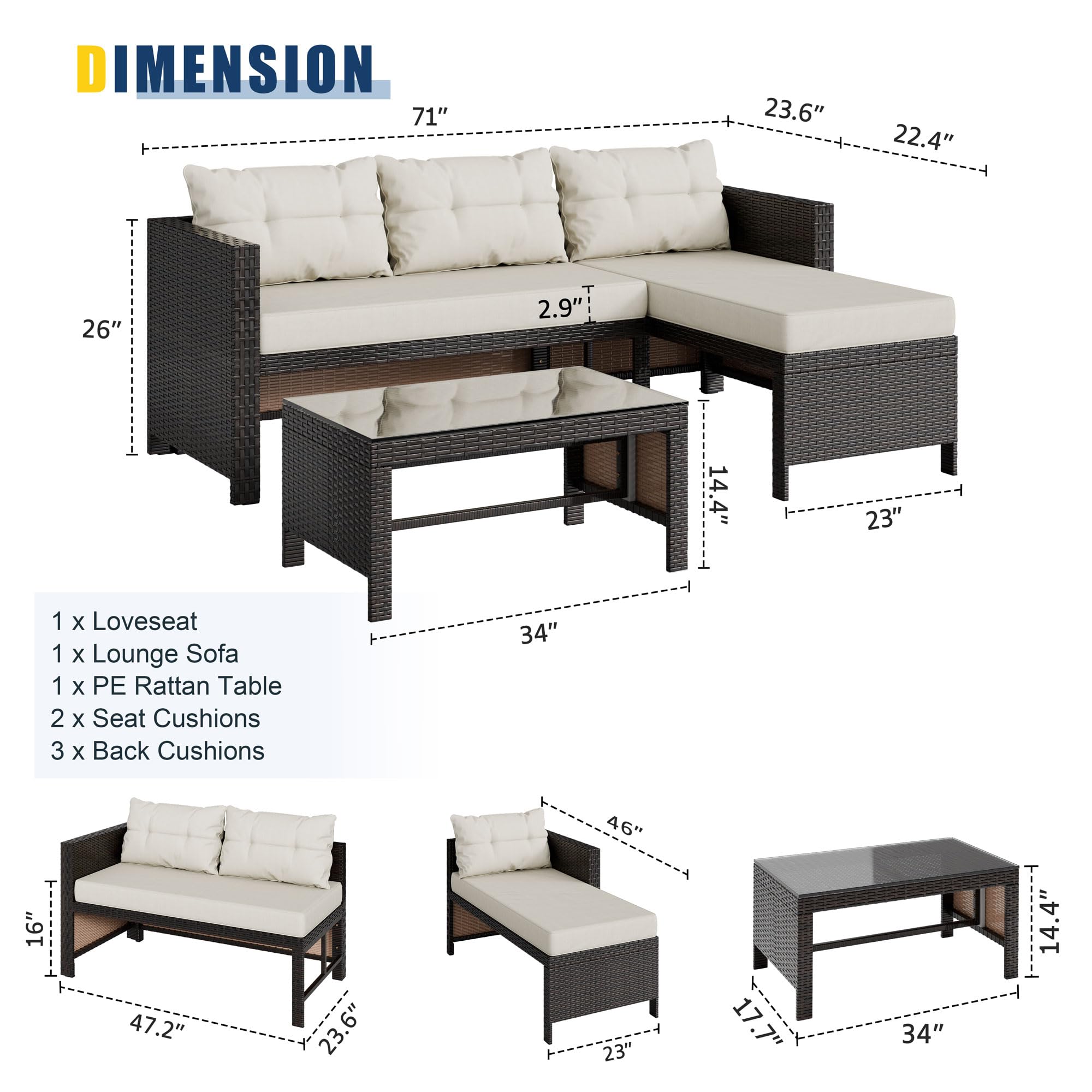 Vongrasig 3 Piece Patio Furniture Sets, All-Weather PE Wicker Outdoor Sofa Couch Sectional Set, Small Conversation Set for Garden/Patio w/Cushion, Glass Table, Beige