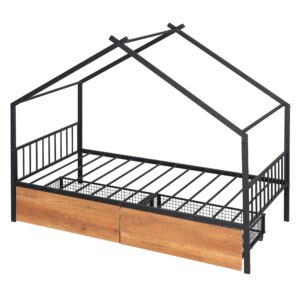 Metal House Bed for Kids, Twin Size Bed Frame with Storage Drawers and Slats, Kids Bed Frame with Headboard and Footboard, Twin Size House Bed for Kids, Girls, Boys(Twin Black)