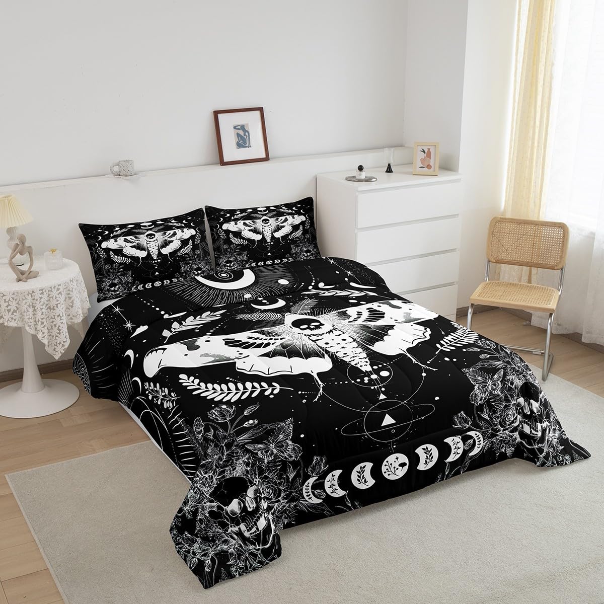 Feelyou Kids Death Moth Comforter Set Twin Size, Skull Decor Bedding Set Boys Girls Boho Moth Comforter Gothic Teens Duvet Set Bedroom Decor Bed Set 2Pcs