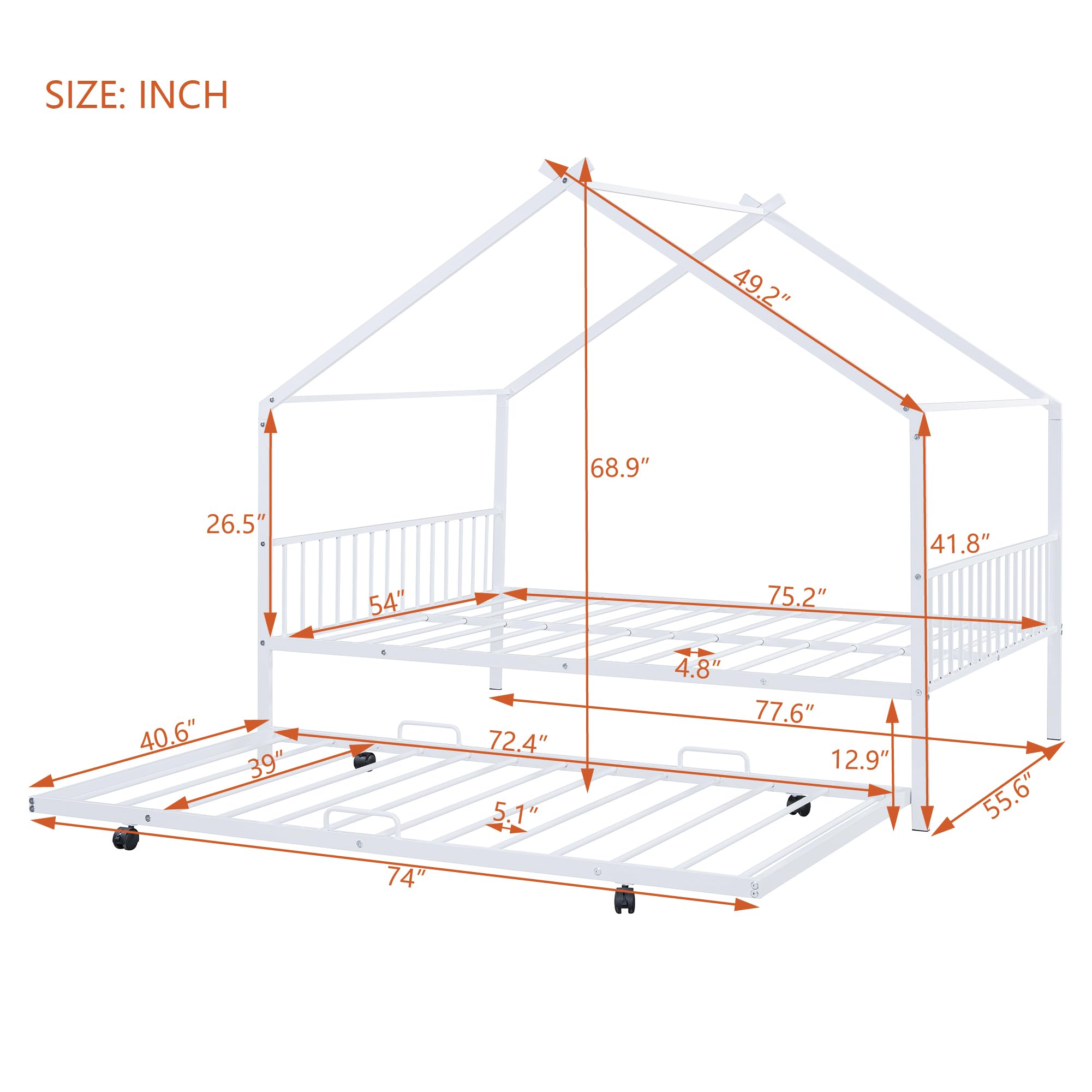 Metal House Bed for Kids, Full Size Bed Frame with Trundle Bed Twin, Kids Bed Frame with Headboard and Footboard, Full Size House Bed for Kids, Girls, Boys(Full White)