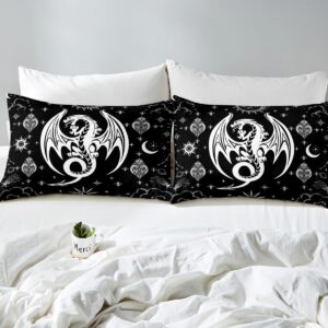 White Black Dragon Bed Sheets Queen Size,Sun Moon Stars Galaxy Bedding Set 4Pcs,Western Magical Animals Fitted Sheet for Kids Boys Men Teens Room Decor,Boho Gothic Top Flat Sheet,2 Pillowcases