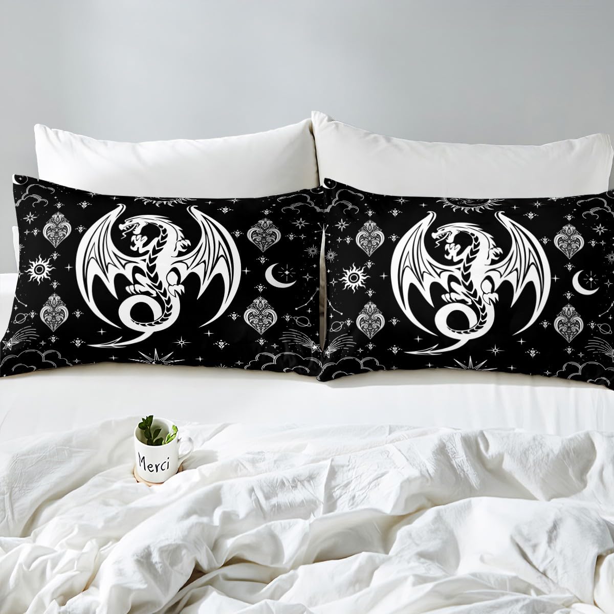 White Black Dragon Bed Sheets Queen Size,Sun Moon Stars Galaxy Bedding Set 4Pcs,Western Magical Animals Fitted Sheet for Kids Boys Men Teens Room Decor,Boho Gothic Top Flat Sheet,2 Pillowcases