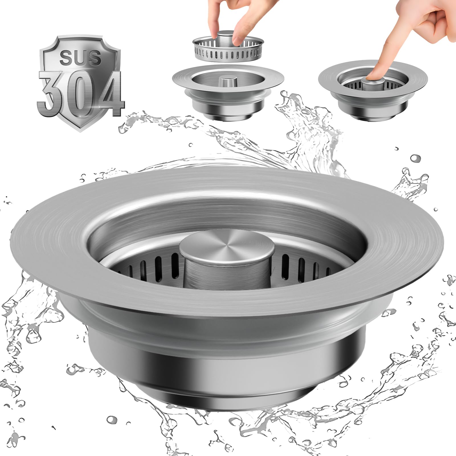 Upgraded 3 in 1 Kitchen Sink Drain Strainer - Stainless Steel Pop Up Sink Stopper, Anti-Clogging Sink Basket, Fast Drainage Kitchen Sink Plug for US Standard 3-1/2 Inch Drain