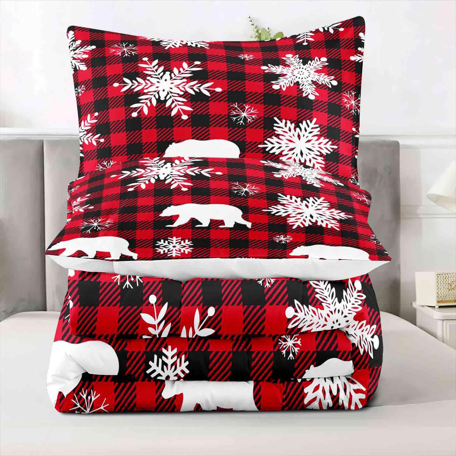 LUVIVIHOME 3PCS Christmas Bear Comforter Set Queen Size, White Snowflake Red Black Plaid Xmas Holiday Cabin Christmas Bedding for Kids Girls Boys, Christmas Bedroom Decor, 2 Pillow Shams