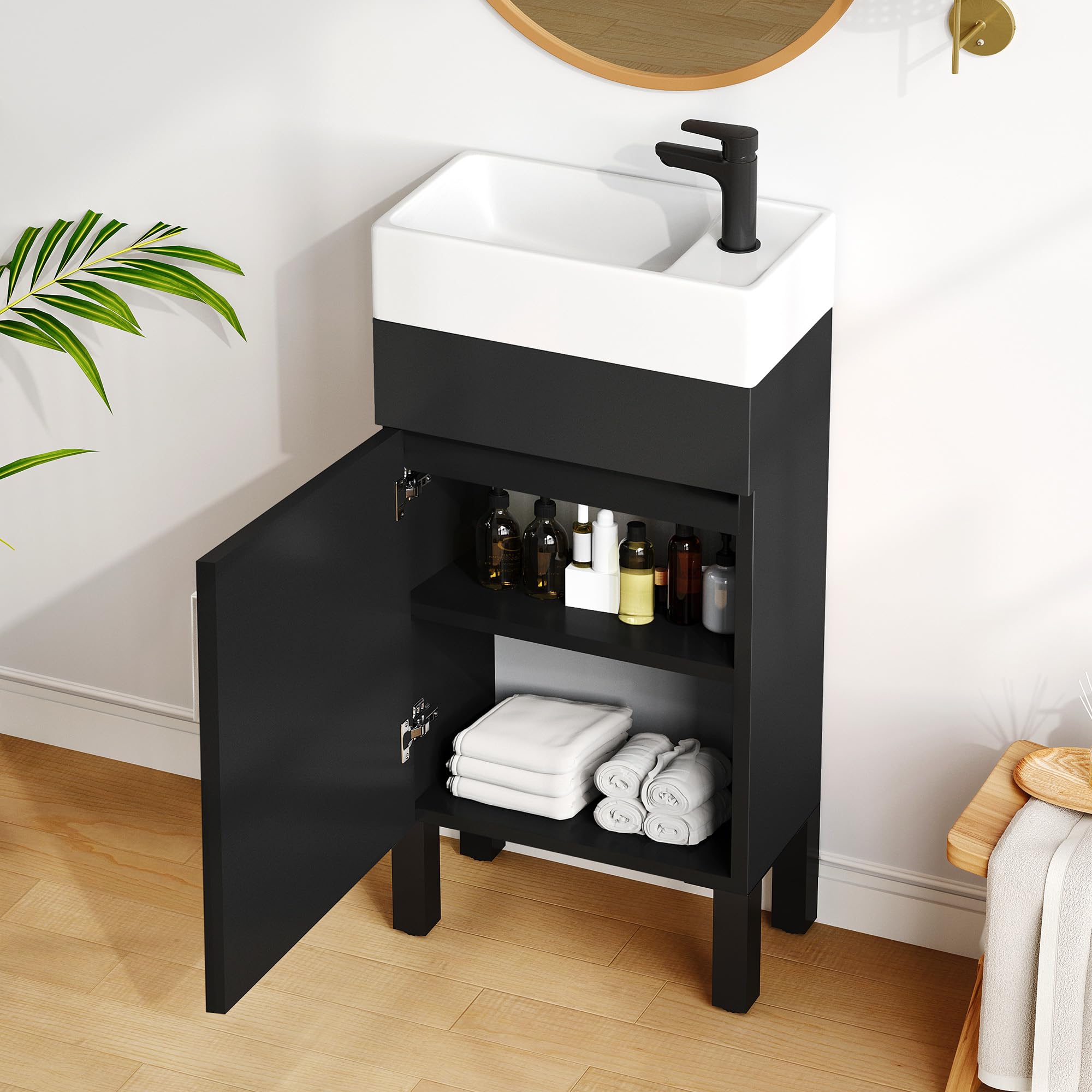 DWVO 16 Inch Bathroom Vanity Sink Combo for Small Space, Freestanding Bathroom Cabinet with Undermount Ceramic Sink, Modern Bathroom Storage Vanity Soft-Close Doors, Black