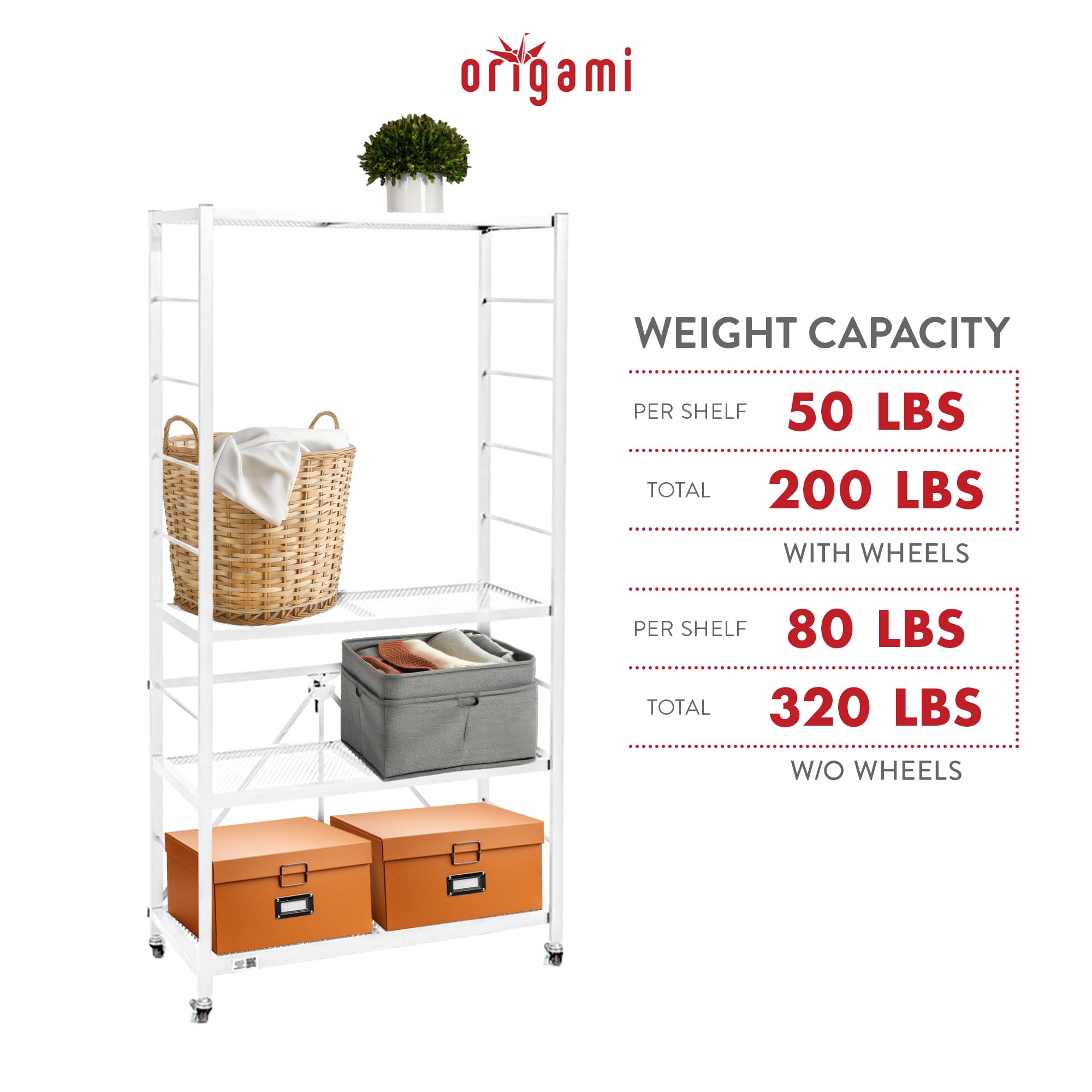 Origami R2 Series Folding Heavy Duty Steel Storage Rack Adjustable Shelving Portable Home Organization Unit with Wheels, Set of 2, White