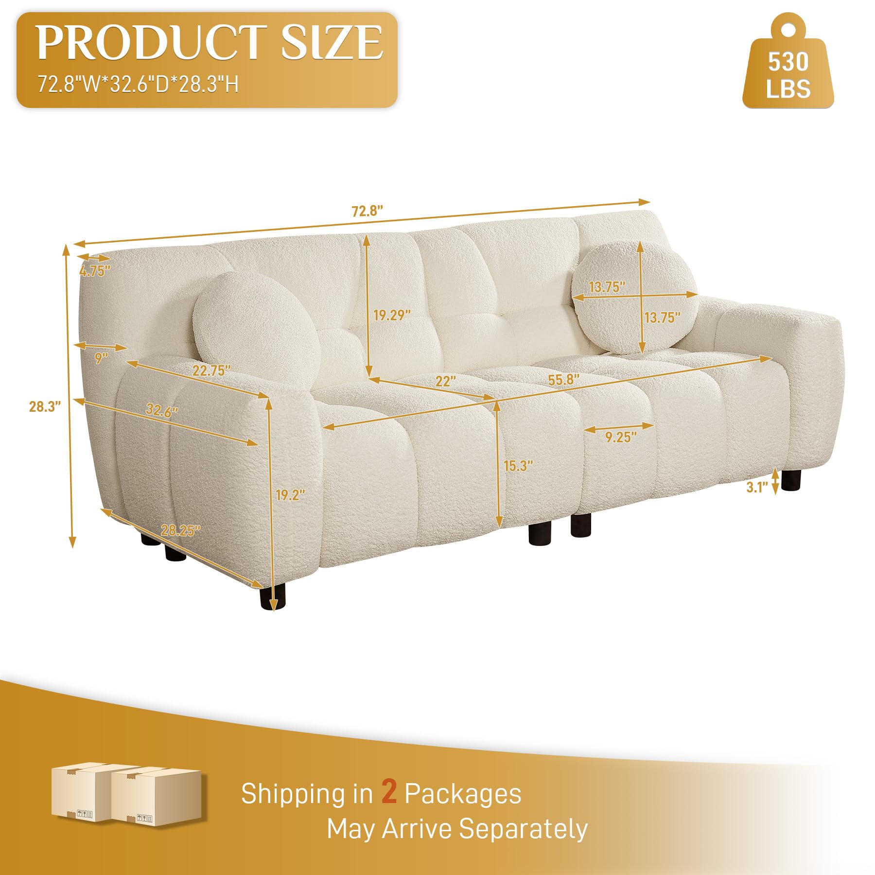 Nolohoo Boucle Cloud Sofa Couch, Comfy Deep Seat Sherpa Couch, 72.8" Upholstered Cozy Teddy 2 Seat Marshmallow Couch with 2 Pillows, Oversized Loveseat Sofa for Living Room, Bedroom, Cream White