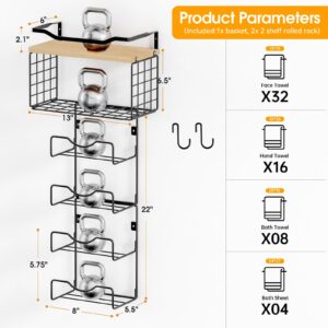 Towel Racks for Bathroom,Towel Rack Wall Mounted, 6 Tier Rolled Or Folded Towel Holder with Floating Shelves, Bathroom Towel Holder for Bath, Hand Towels,Metal,Walnut Wood Panel