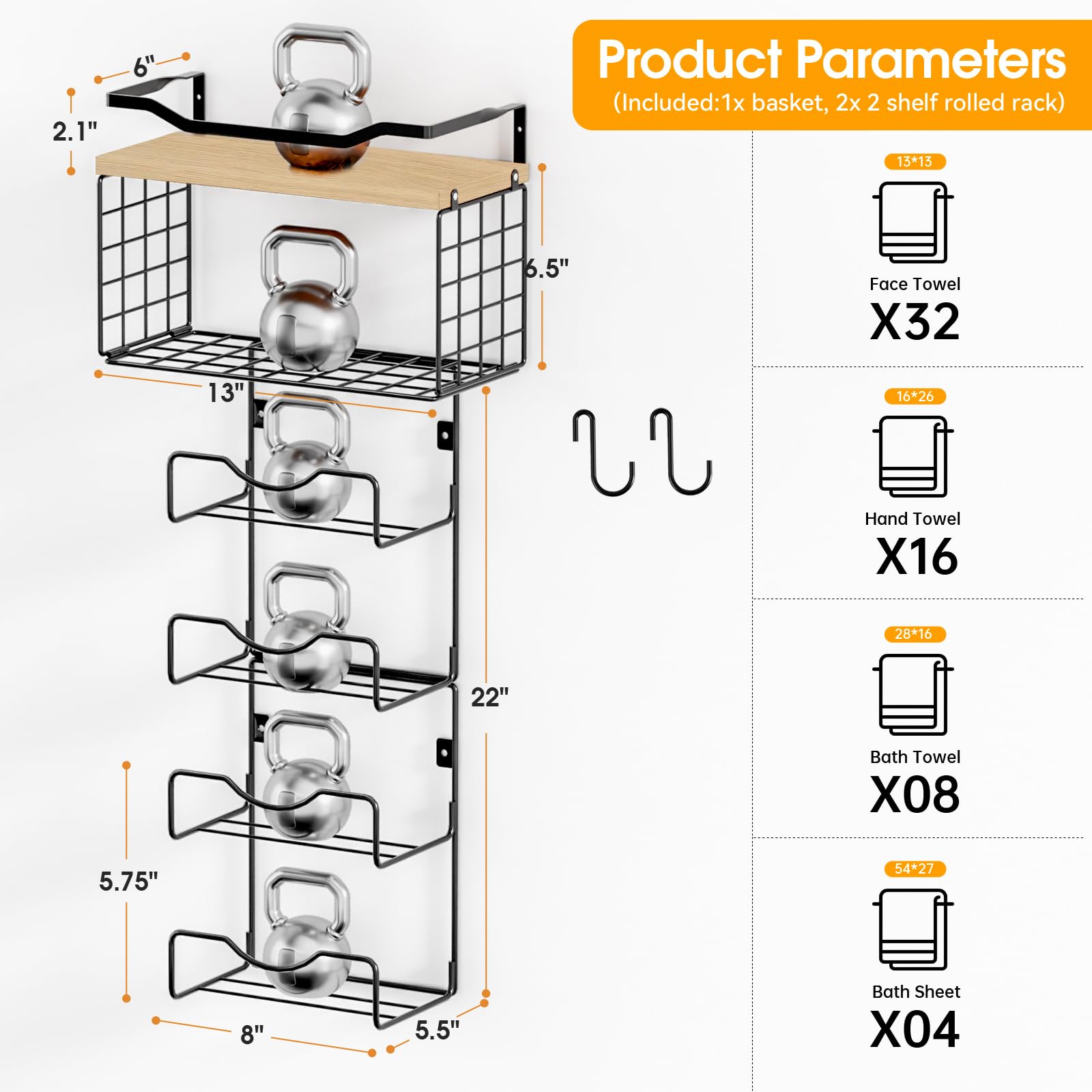 Towel Racks for Bathroom,Towel Rack Wall Mounted, 6 Tier Rolled Or Folded Towel Holder with Floating Shelves, Bathroom Towel Holder for Bath, Hand Towels,Metal,Walnut Wood Panel