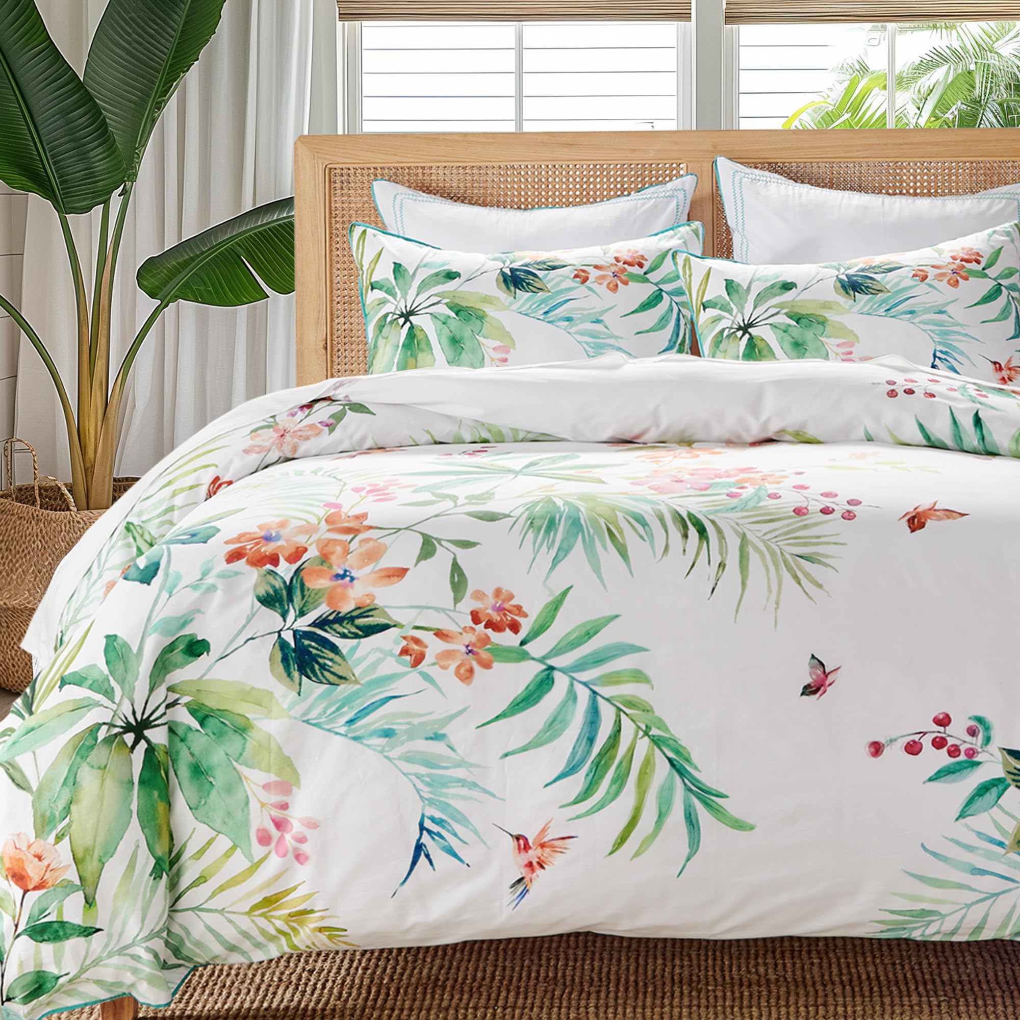 Levtex Home - Hummingbird Grove Duvet Cover Set - King Duvet Cover (106 x 94in.) + Two King Pillow Cases (36 x 20in.) - Green, Teal, Coral, Fucshia and White - Cotton