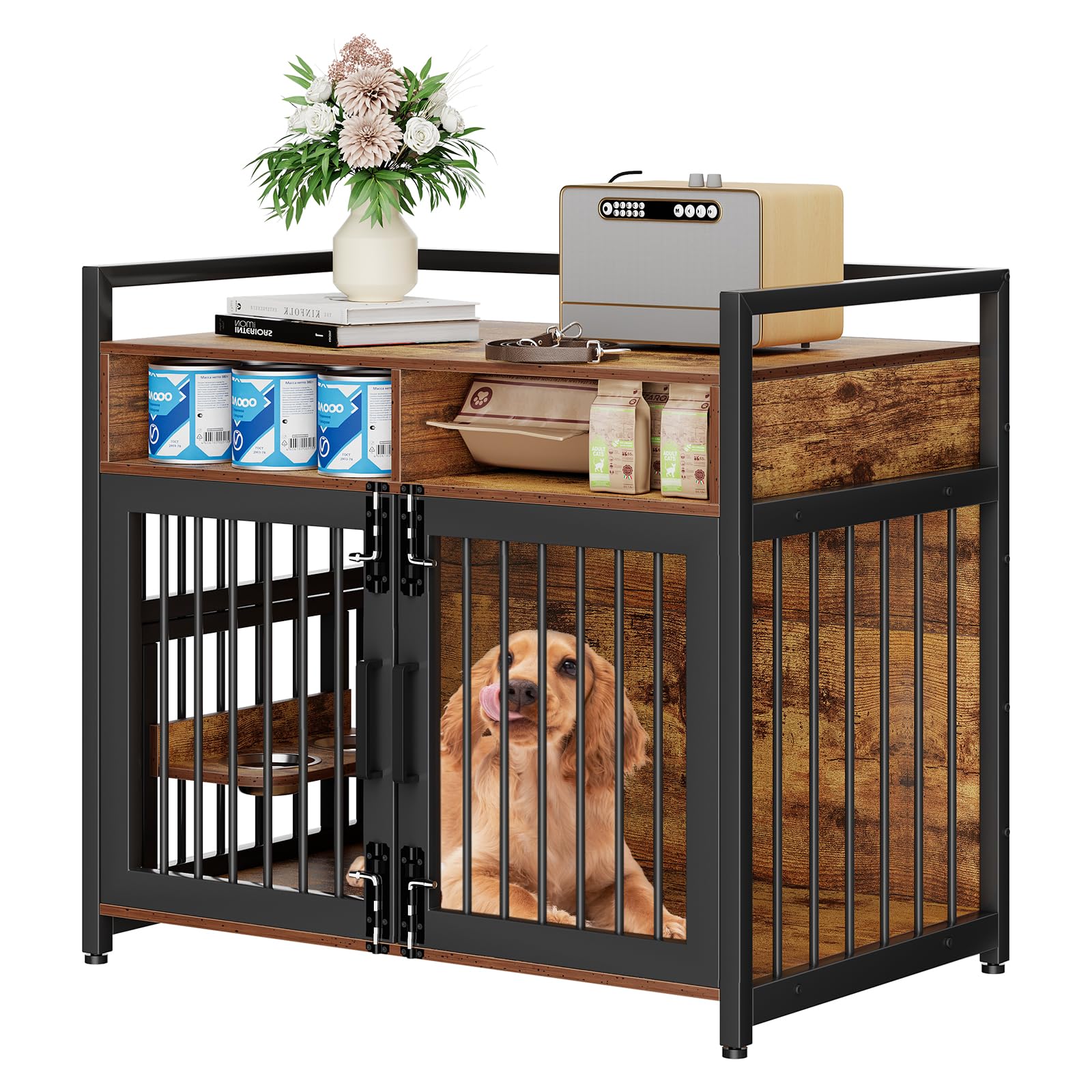 GarveeLife Large Dog Crate Furniture, 41inch Furniture Dog Crate with Drawers Storage, 360°and Adjustable Raised Feeder, Wooden Dog Crate for Large/Medium Dog Indoor Brown 41inch