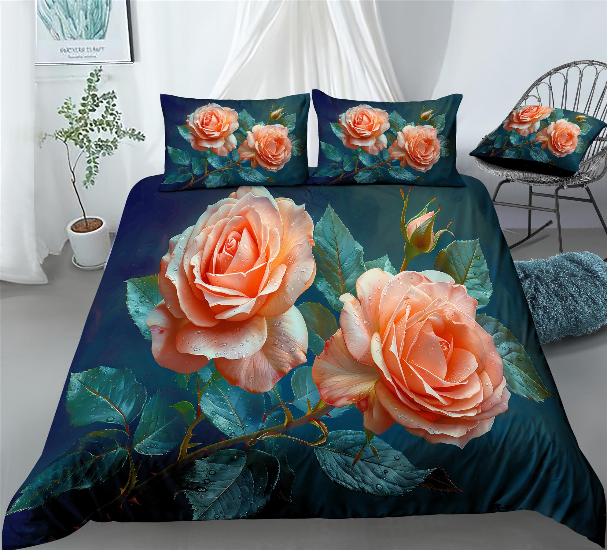 REALIN Sophisticated Rose Blooming Rose Bedding Floral Rose Duvet Cover Set Girl Boy Kids Bed Sets 3/4PCS Quilt Covers/Sheets/Pillow Shams,Twin/Full/Queen/King (C,King-229x259cm-4PCS)