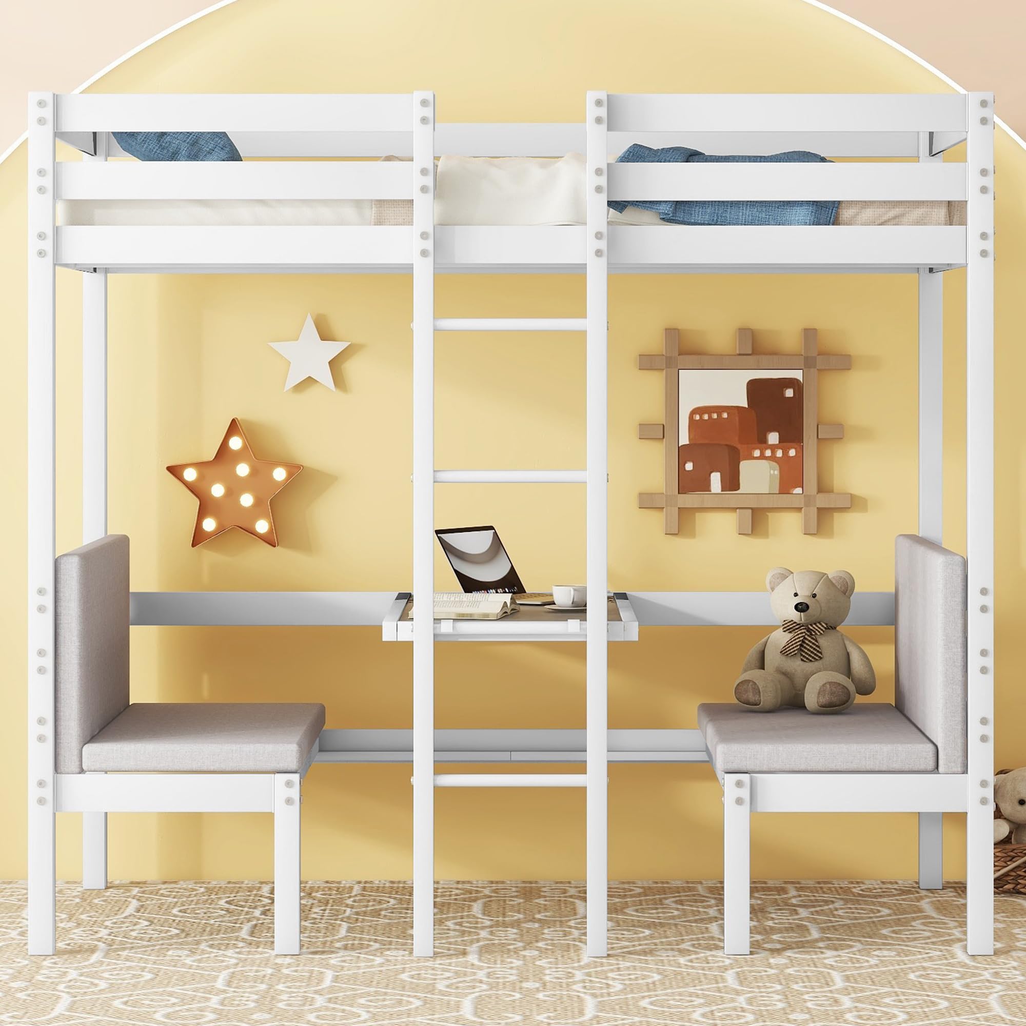 Metal Loft Bed Twin Size, Twin Loft Bed with Desk and Bench, Twin Size Loft Bed Turn into Twin Bunk Beds, Twin Loft Bed with Ladder and Full-Length Guardrail(Cushion Sets are Free), Twin White