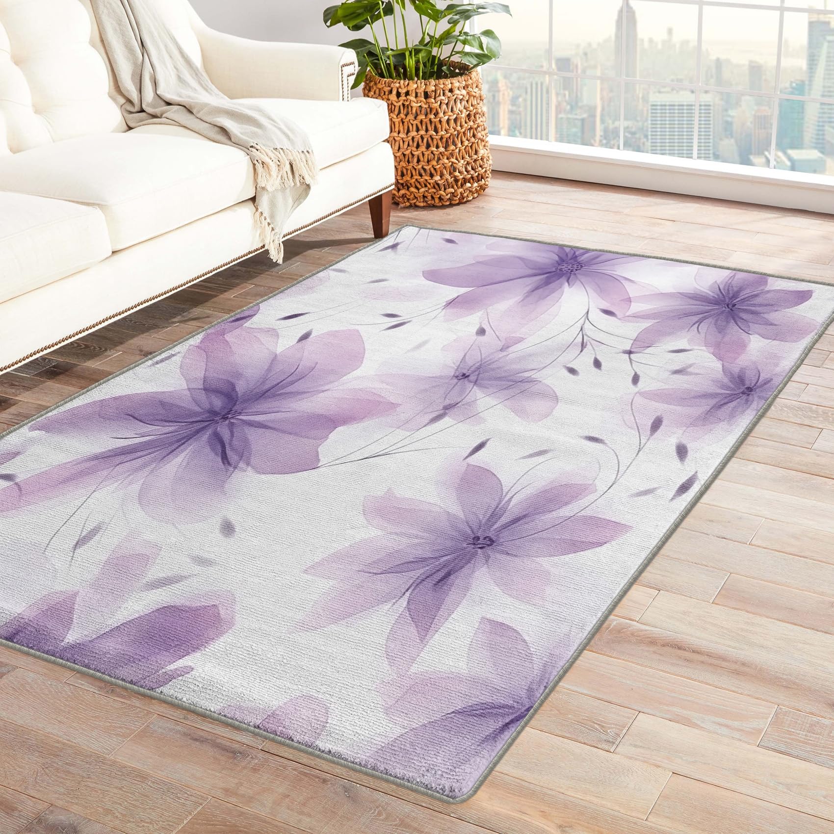 Lavender Floral Rug 5x8 Area Rugs for Bedroom Living Room, Purple Lavender Area Rug, Modern Carpet Machine Washable Non-Slip Large Rug, Soft Low Pile Area Rug, Indoor Decorative Rug f&cz80