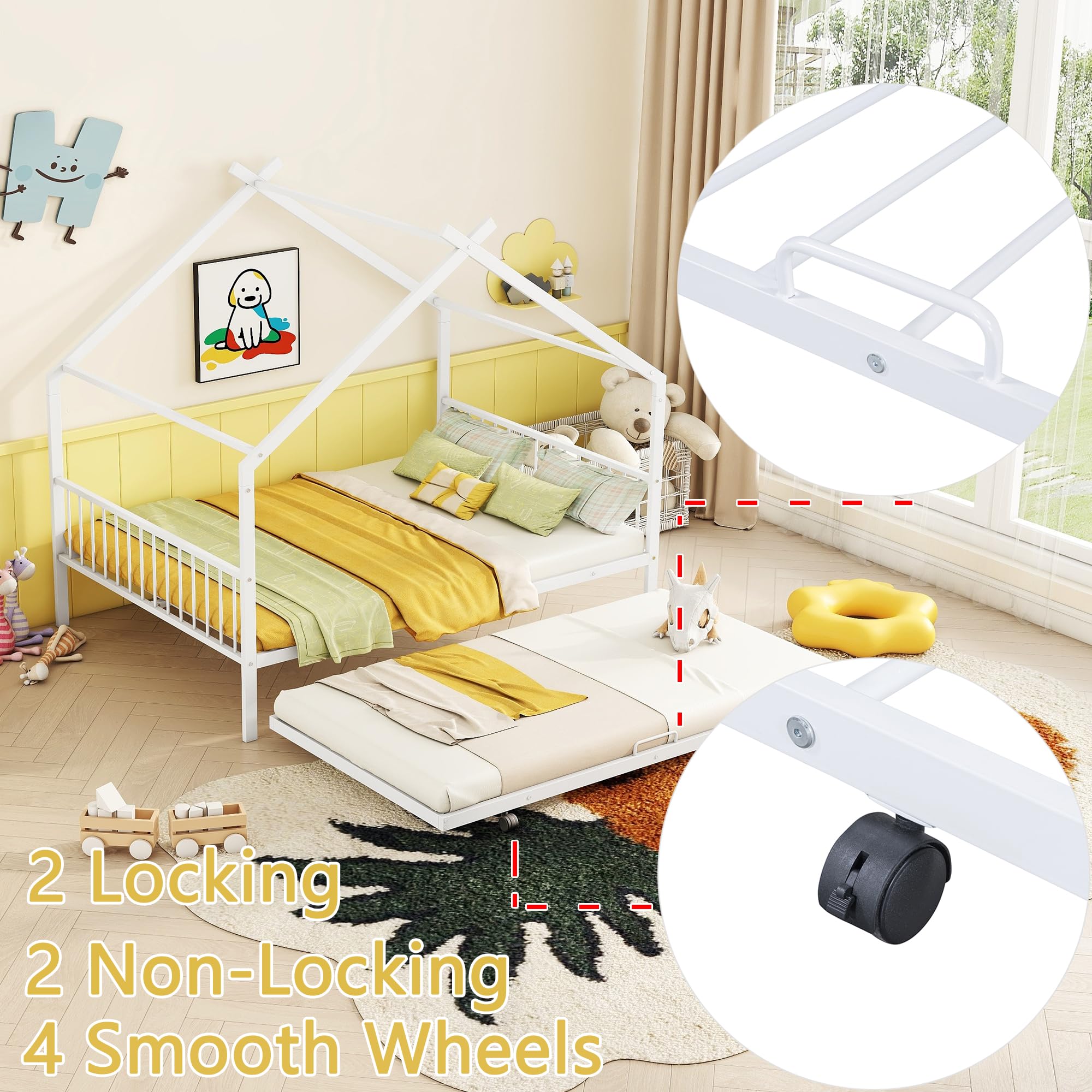 Metal House Bed for Kids, Full Size Bed Frame with Trundle Bed Twin, Kids Bed Frame with Headboard and Footboard, Full Size House Bed for Kids, Girls, Boys(Full White)