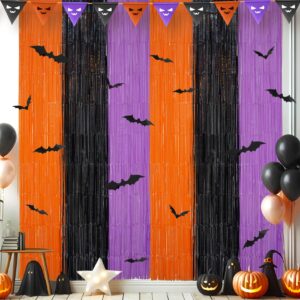 halloween party decorations, 3 pack 3.3 x 6.6 ft orange purple black foil fringe curtains with 24 bat, halloween backdrop photo booth props streamer for halloween party supplies birthday decorations