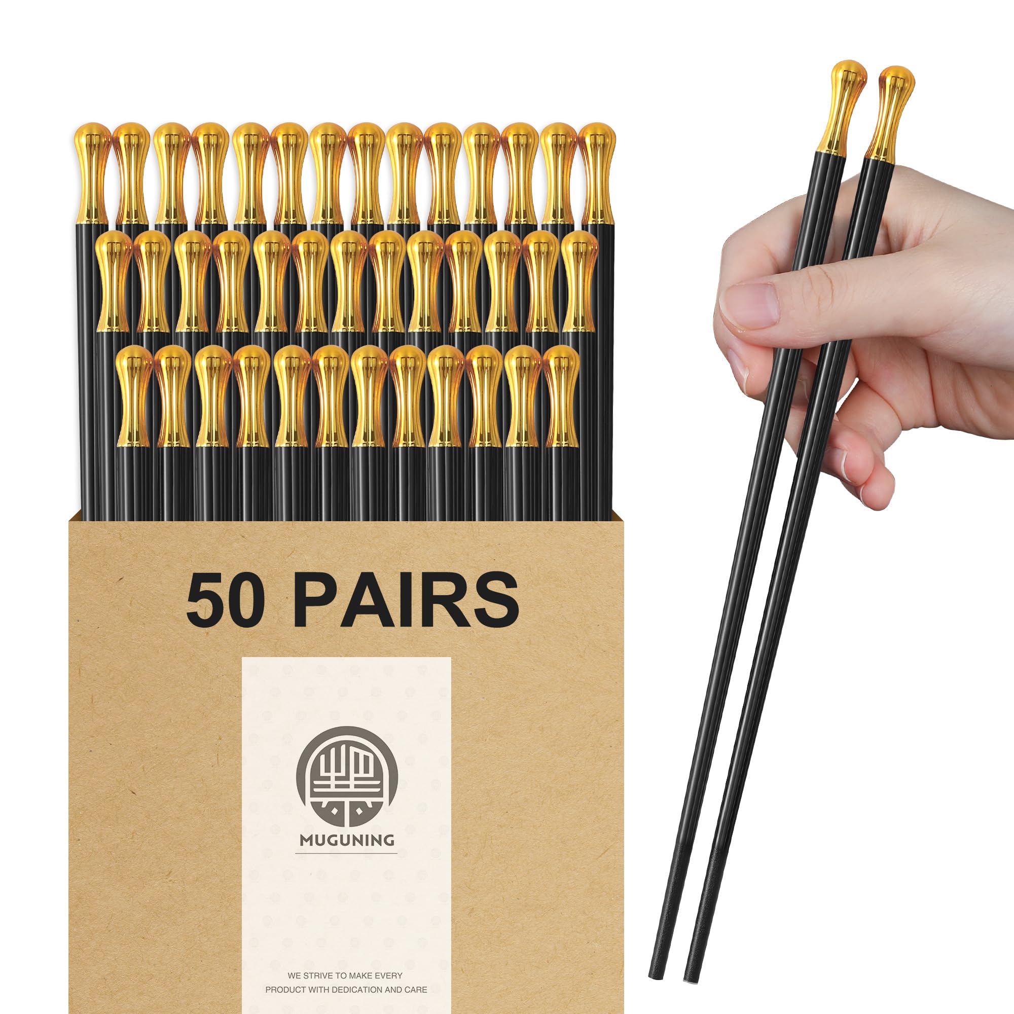 Muguning 50 Pairs Fiberglass Chopsticks Bulk - 9.5Inch Reusable Chopsticks Dishwasher Safe, Non-slip Japanese Chinese Chop Sticks with Black Gold Styling (World Cup)