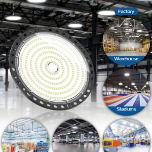 HAPYLUMI UFO LED High Bay Light 100W, 10000LM High Bay LED Shop Lights 6500K UFO Lamp with 6.5ft US Plug IP65 Waterproof UFO High Bay Commercial Area Lighting Fixture for Garage Barn Warehouse Gym