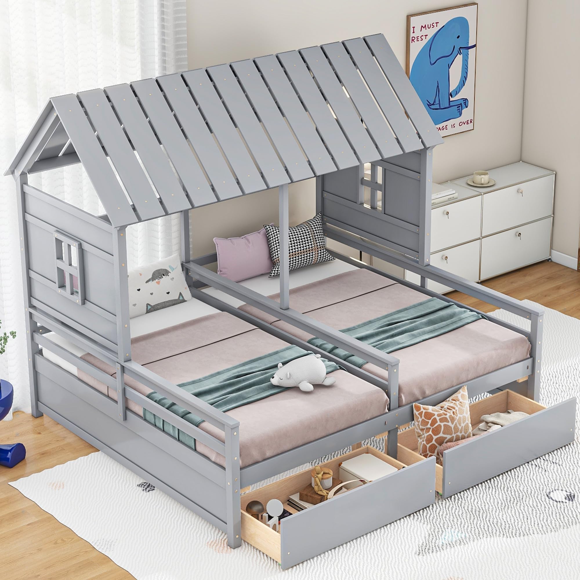 BOVZA Double Beds for 2 Kids, Twin Size House Platform Beds with Two Storage Drawers, Roof and Windows, Boy and Girl Shared Beds, Combination of 2 Side by Side Twin Size Beds, Gray