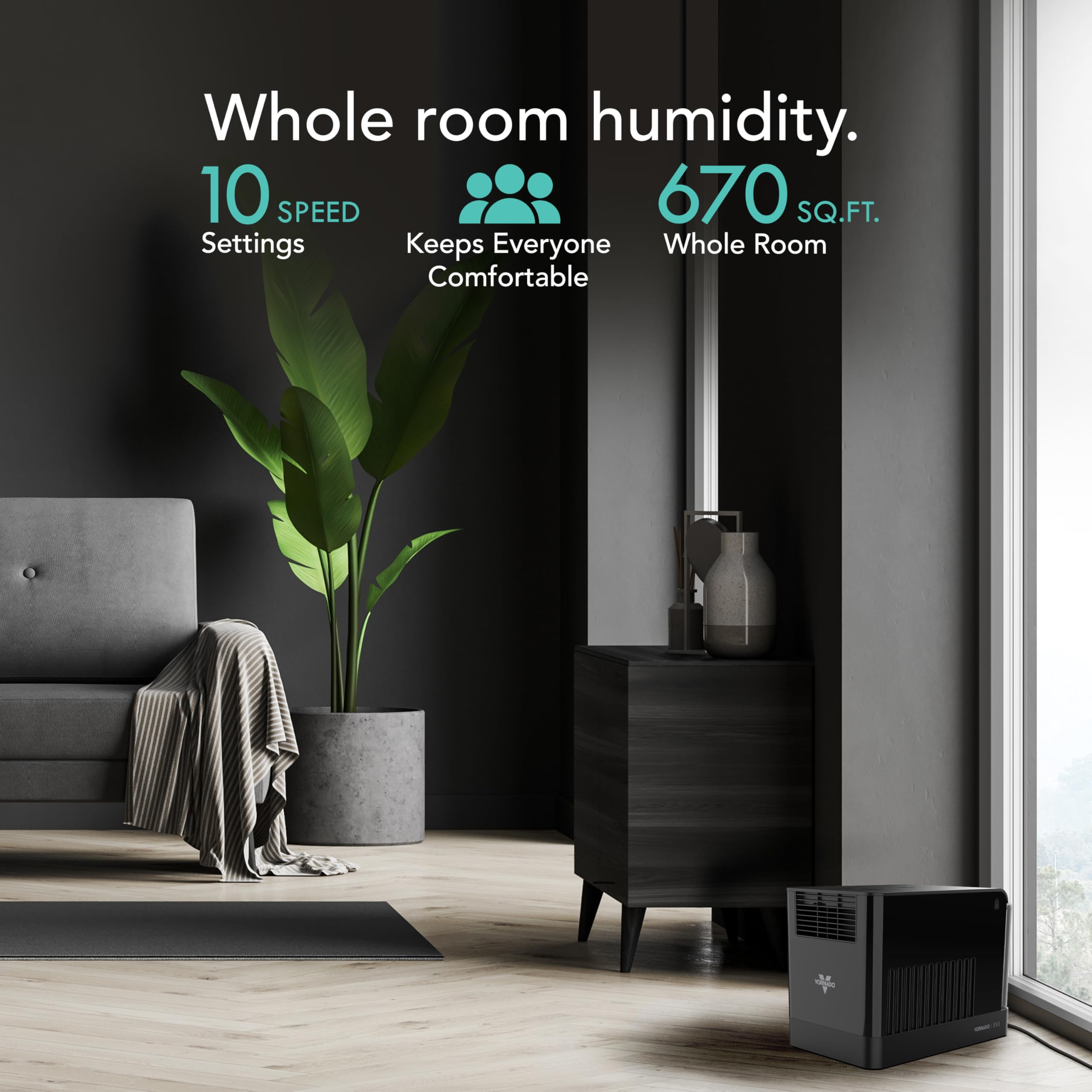 Vornado EV3 Whole Room Evaporative Humidifier, 1.5 gal Capacity, Electronic Humidistat, Top Fill Tank, Easy To Clean