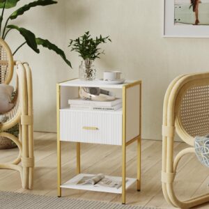 JOONEE White and Gold Nightstand, Modern Side Table with Fluted Drawer, Tall Night Stand with 3 Storage Shelves for Living Room, Bedroom