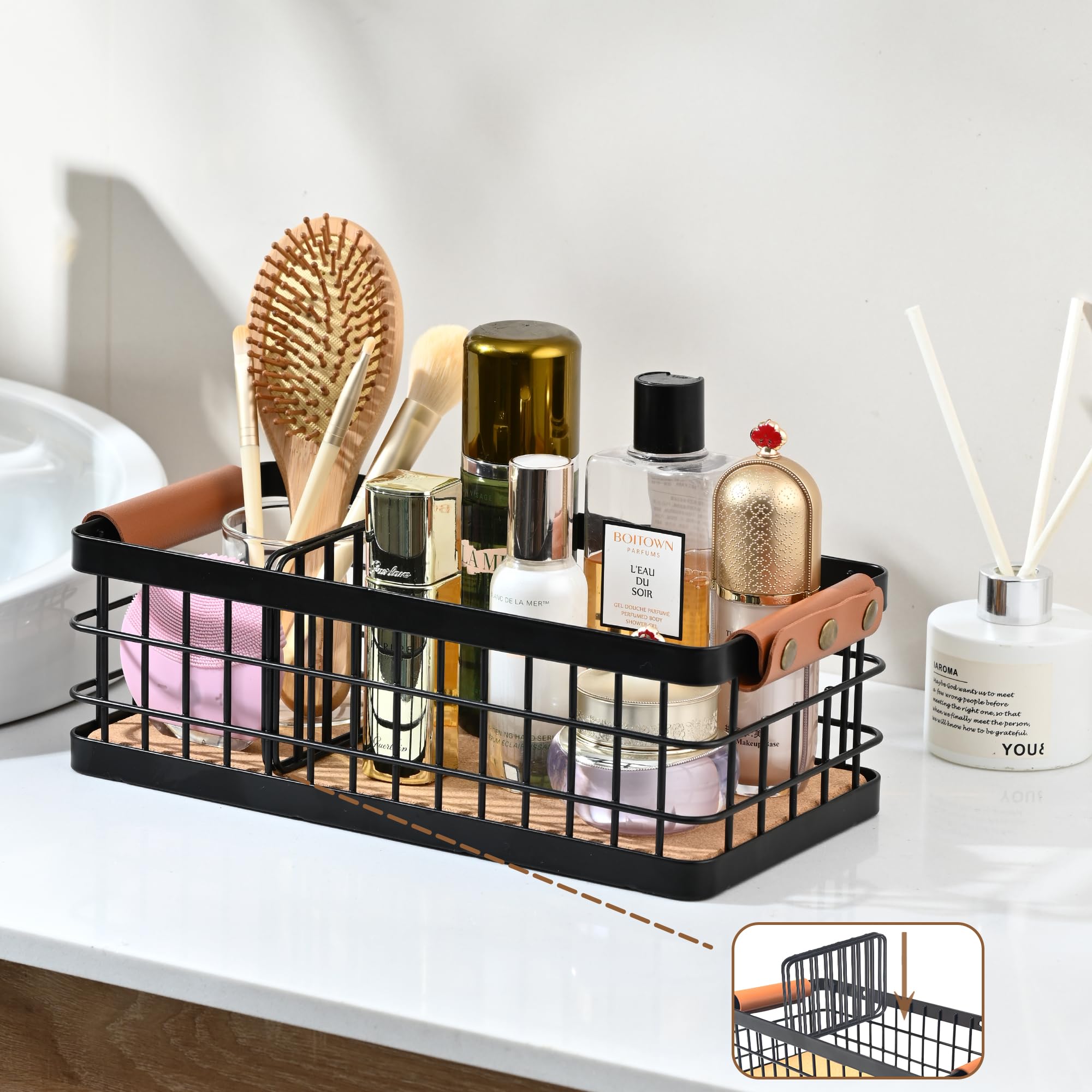 RoleDes Bathroom Organizer Small Metal Wire Storage Basket with Grip, Bathroom Decor Black Basket Wall Mount Organizer Detachable Wood Base Toilet Tank Basket for Bathroom, Vanity, Laundry Room