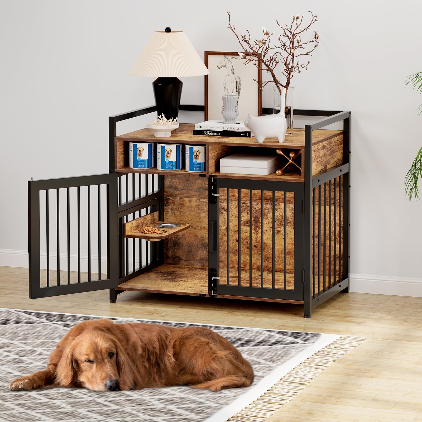 GarveeLife Large Dog Crate Furniture, 41inch Furniture Dog Crate with Drawers Storage, 360°and Adjustable Raised Feeder, Wooden Dog Crate for Large/Medium Dog Indoor Brown 41inch