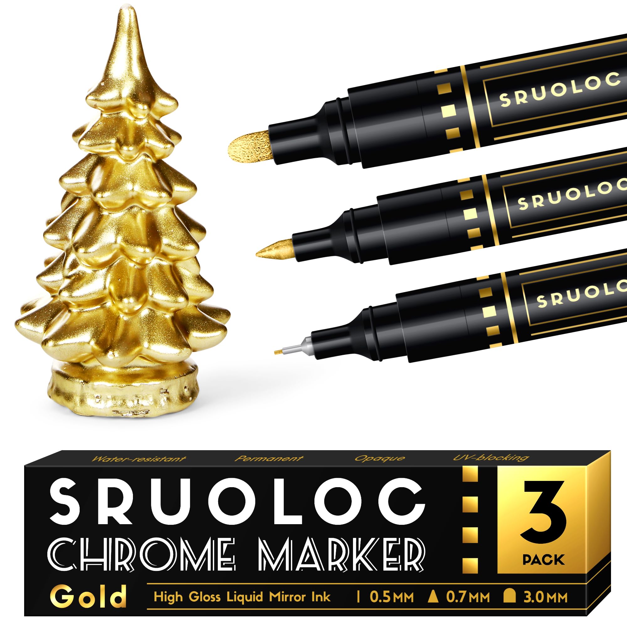 SRUOLOC 3Pcs Liquid Gold Paint Markers, Oil-based Permanent Chrome Maker, Gloss Mirror Marker Repairing, Reflective Metallic Pen Markers for Touch Up Model Painting DIY Art Projects, Gold