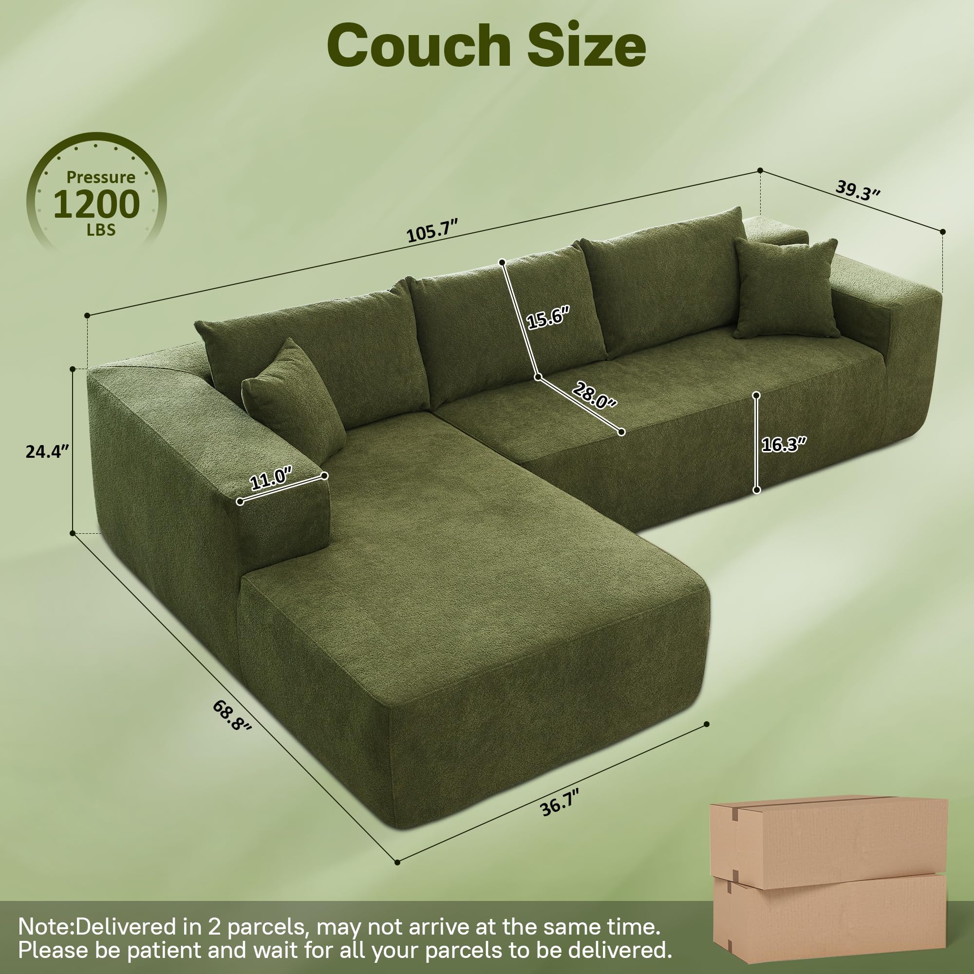 ALTRIGUS 104" Cloudy Sectional L Shaped Couch for Living Room, No Assembly Required, Modular Comfy Sofa with Deep Seat, Fluffy Couch with Sleeper Chaise for Apartment Lounge (Green)