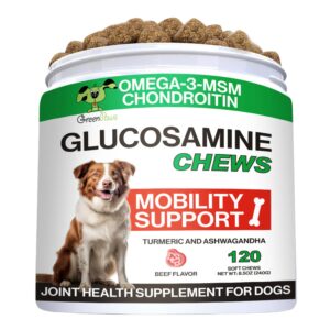 green paws joint health supplement for dogs - with glucosamine, chondroitin, msm, and omega-3's, infused with turmeric 120 soft chews- advanced mobility chews - joint pain relief - hip & joint care