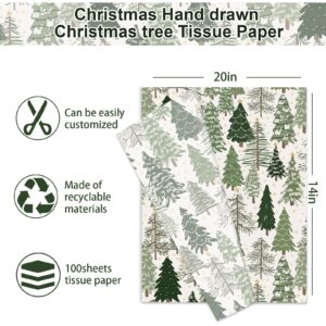 JarThenaAMCS 100 Sheet Christmas Tissue Paper Watercolor Forest Art Tissue Green Xmas Tree Wrapping Paper for Winter Birthday Wedding DIY Craft Gift Packing, 14 x 20 Inch