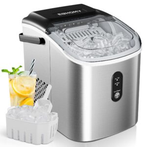 euhomy countertop ice maker machine with handle, 26.3lbs per day, 9 cubes in 6 mins, auto-cleaning portable ice maker with basket and scoop, for home/kitchen/camping/rv (silver)