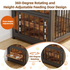 GarveeLife Large Dog Crate Furniture, 41inch Furniture Dog Crate with Drawers Storage, 360°and Adjustable Raised Feeder, Wooden Dog Crate for Large/Medium Dog Indoor Brown 41inch