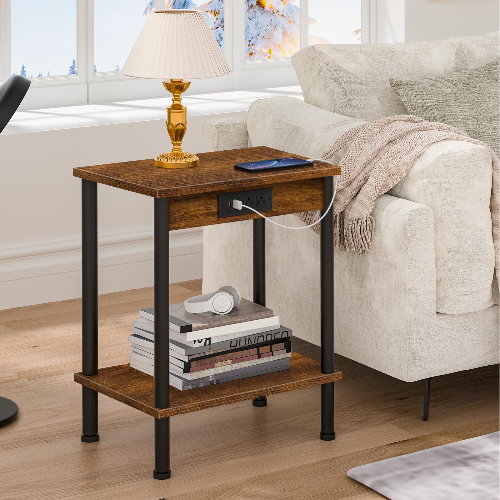 YUFAM End Table with Charging Station,Small Side Table with USB Ports and Outlets,2-Tier Nightstand with Storage Shelf,Sofa Bedside Table for Small Space in Living Room, Bedroom, Rustic Brown