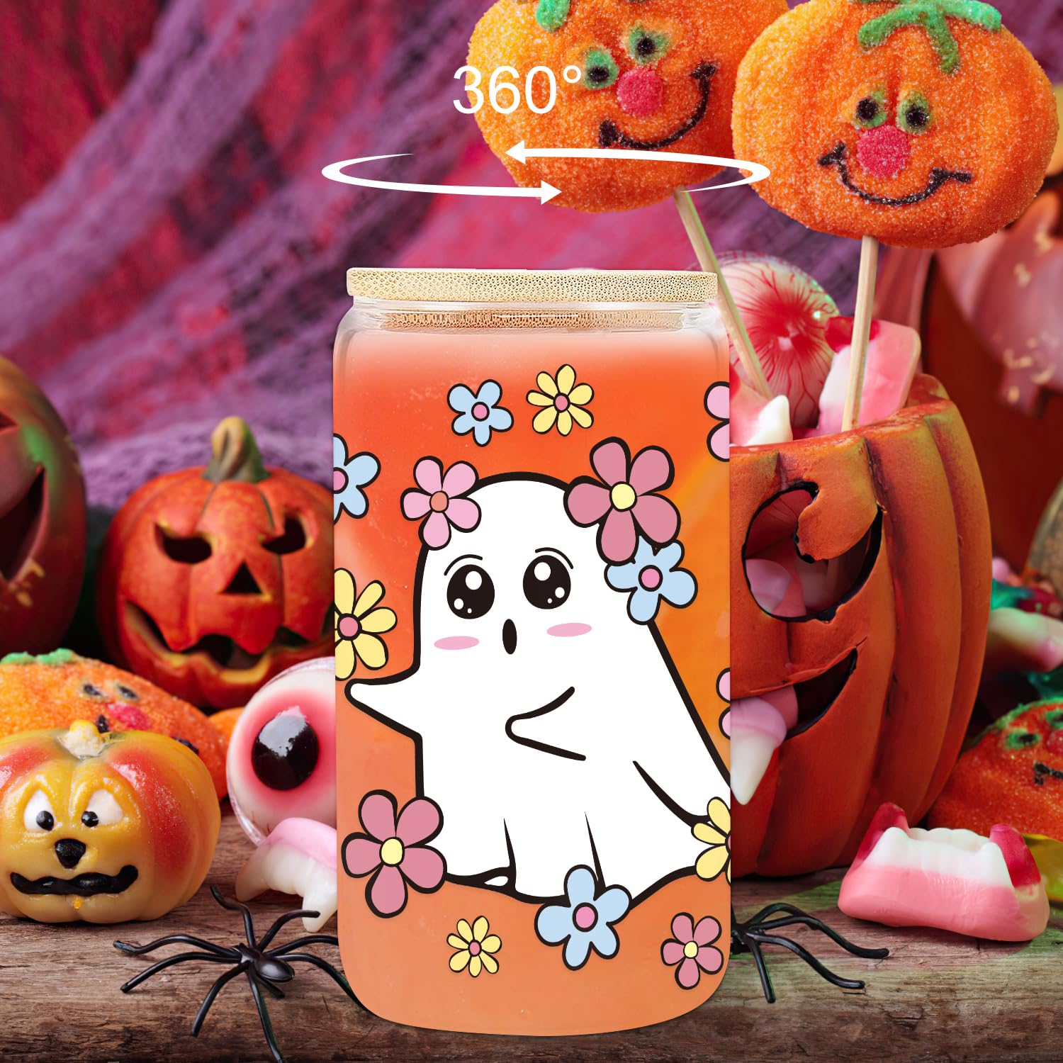 UAREHIBY Halloween Gifts for Women with Floral Ghost Mug,18 OZ Cute Halloween Spooky Glass Cups with Lids and Straws,Funny Halloween Coffee Tumbler Ghost Mug,Halloween Decorations