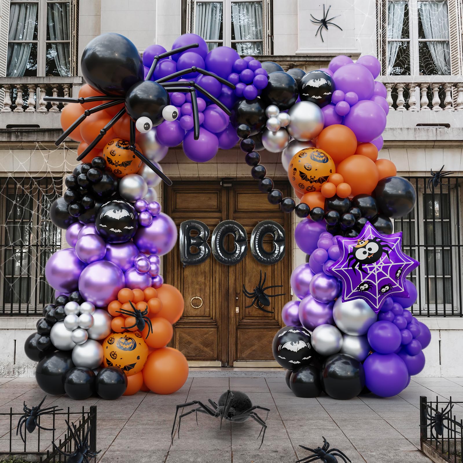 DBKL 176Pcs Halloween Balloon Garland Arch kit with Black Orange Silver Purple Eyes Balloons, Pumpkin Spider Boo Foil Balloons Halloween Party Decorations for Halloween Day Birthday Party Supplies