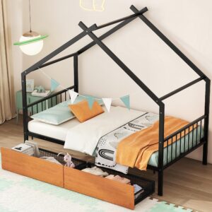 metal house bed for kids, twin size bed frame with storage drawers and slats, kids bed frame with headboard and footboard, twin size house bed for kids, girls, boys(twin black)