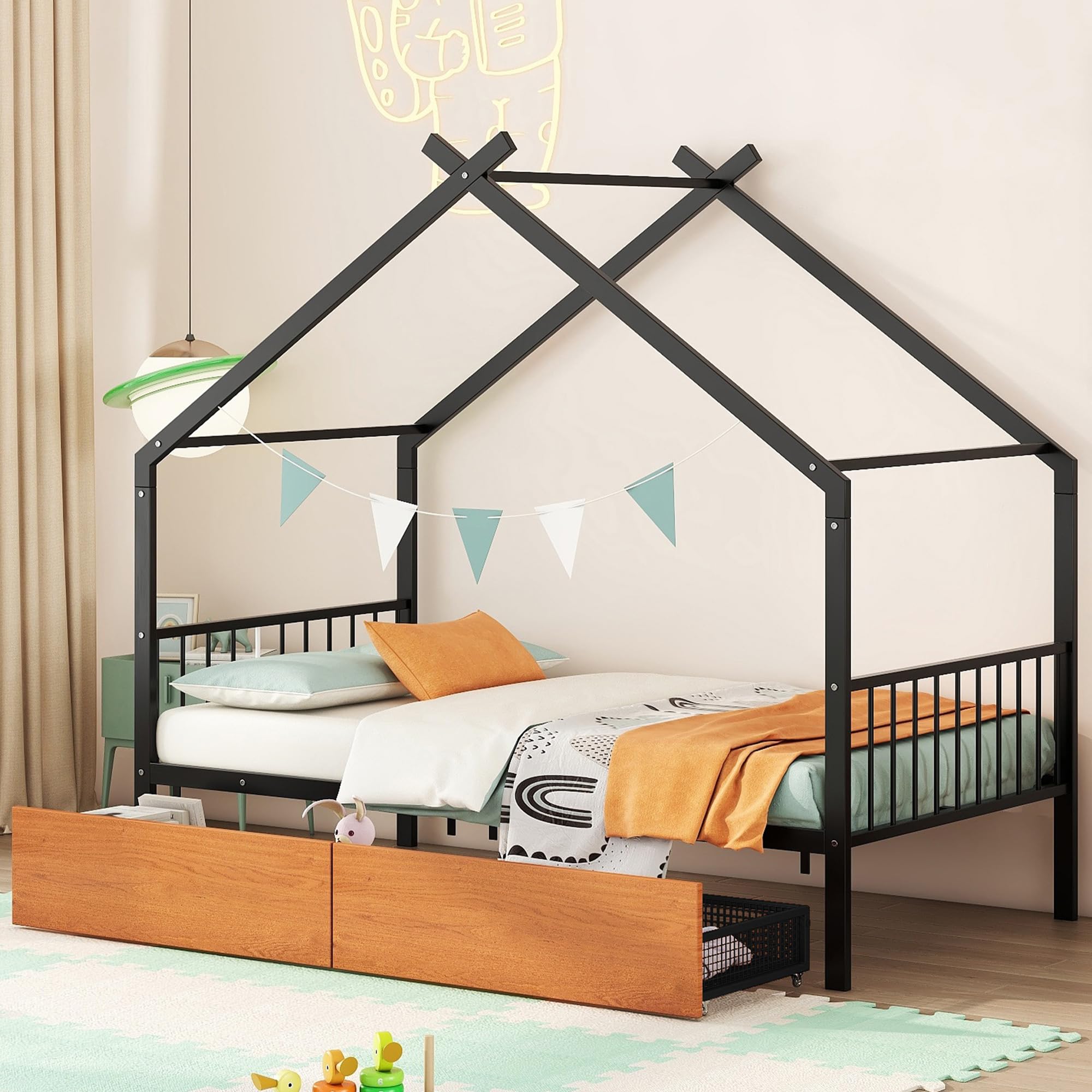 Metal House Bed for Kids, Twin Size Bed Frame with Storage Drawers and Slats, Kids Bed Frame with Headboard and Footboard, Twin Size House Bed for Kids, Girls, Boys(Twin Black)