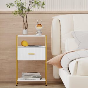 JOONEE White and Gold Nightstand, Modern Side Table with Fluted Drawer, Tall Night Stand with 3 Storage Shelves for Living Room, Bedroom